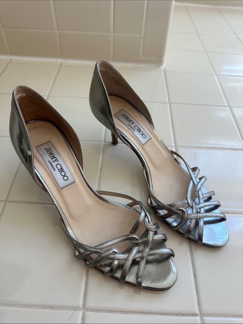 Jimmy Choo Metallic Silver Strappy D'Orsay Heels